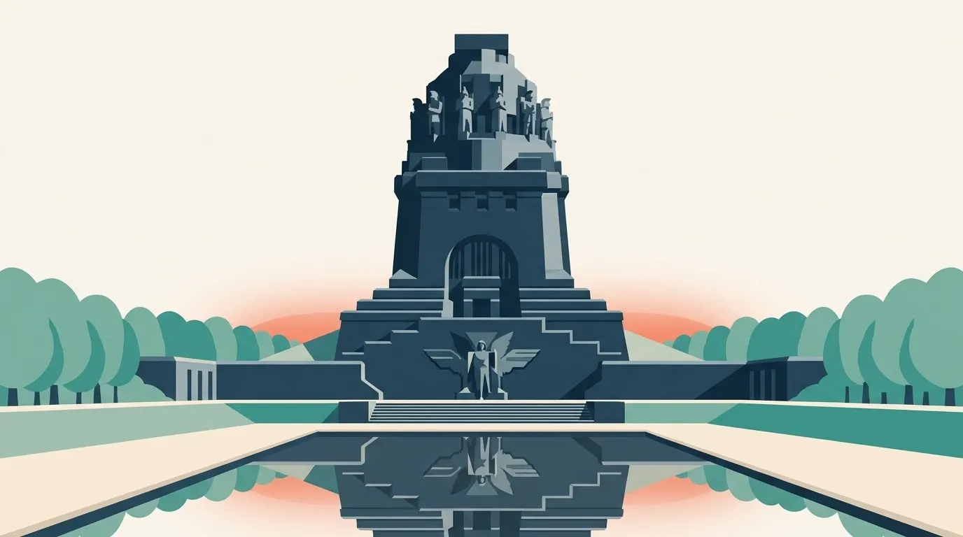 Stilisierte Illustration des Völkerschlachtdenkmals in Leipzig mit Wasserbecken davor