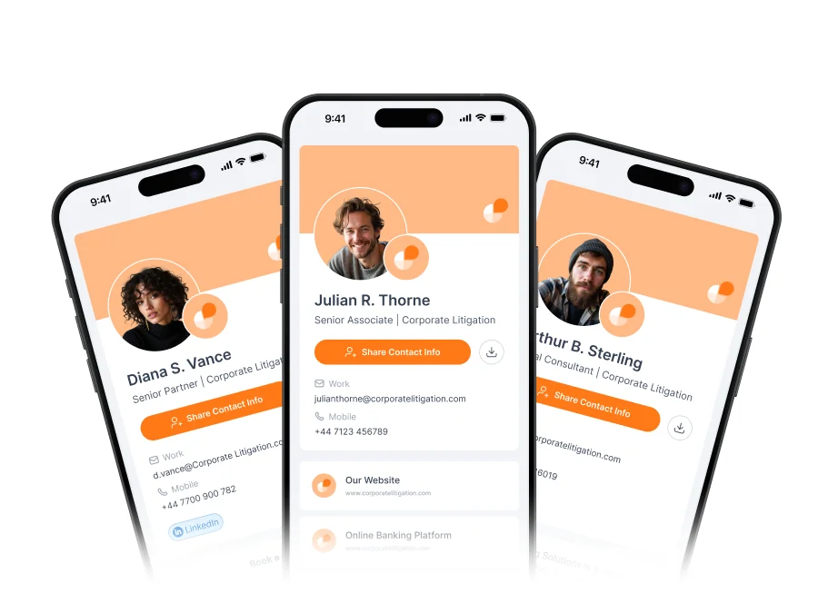 Drei Smartphones zeigen digitale Visitenkarten von GetinTouch.ID mit QR-Codes, NFC, Benutzerfotos, Namen, Titeln und orangefarbenen Designs. | GetinTouch.ID