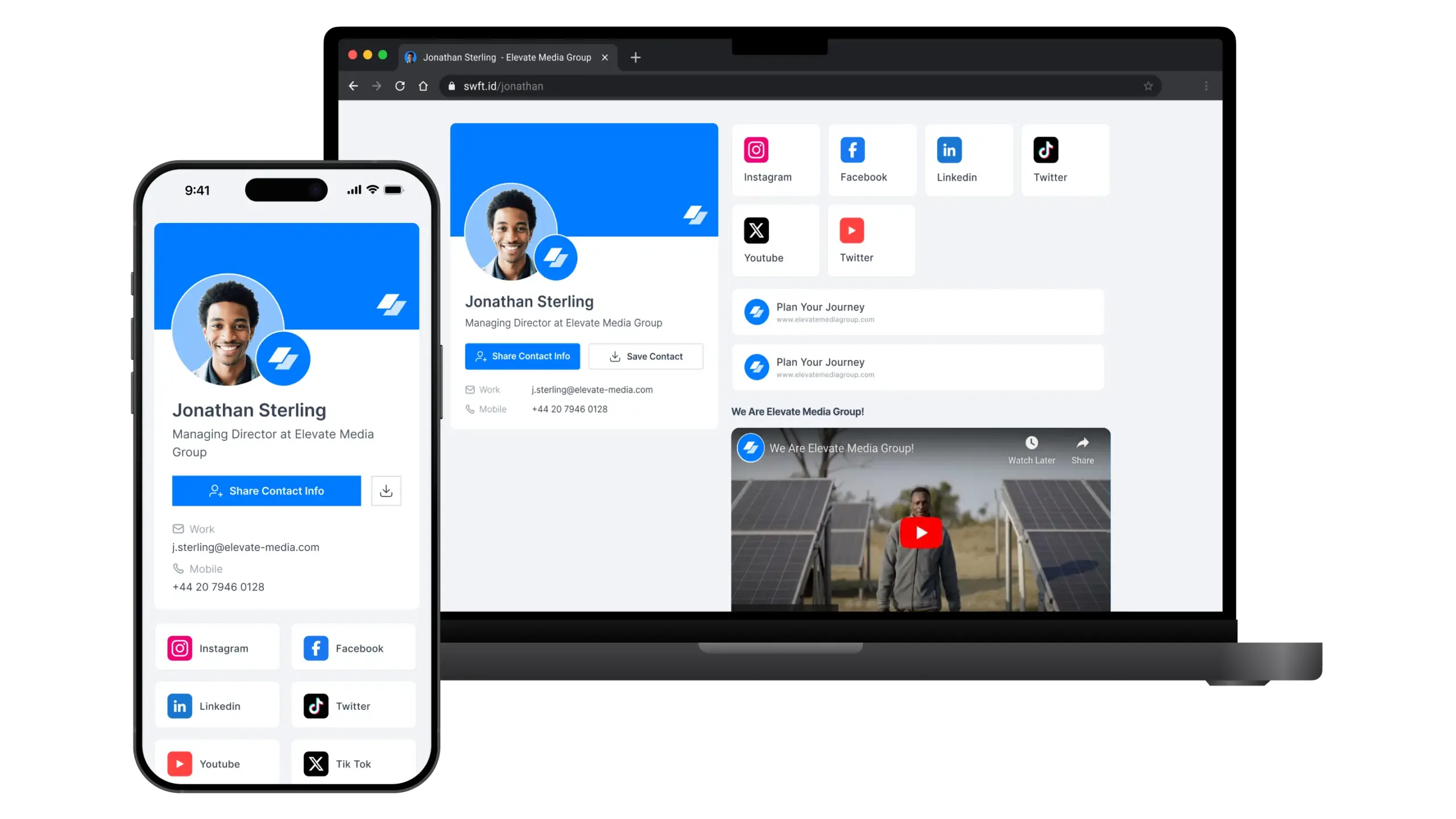 Smartphone und Laptop zeigen die digitale Visitenkarte von Jonathan Sterling auf GetinTouch.ID mit Links, QR-Code und NFC-Funktionen. | GetinTouch.ID